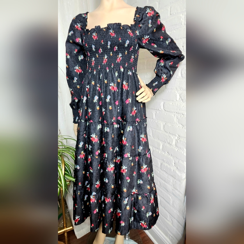 Hill House Home Naomi Nap Dress Black Floral Smocked Midi Small